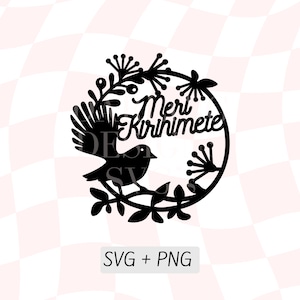 Ornamento Meri Kirihemete SVG, download digital de cartão de Natal da Nova Zelândia, guirlanda de Natal de kiwi, silhueta de fantail, pássaros nativos da Nova Zelândia