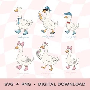 May include: A digital illustration featuring six cartoon geese, each with unique accessories. One goose wears a tie and boots, another sunglasses and a hat, and others sport bows and drinks. The text "dada goose", "uncle goose", "mini goose", "mama goose", "auntie goose", and "mini goose" is included.