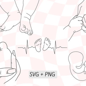 Lijngetekende Baby SVG, Baby Overzicht, Hand Holding Baby Hand, Lijntekening, Pasgeboren Silhouet SVG PNG, Moeder en Baby, Instant Digitale Download