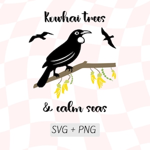 Kōwhai alberi e mari calmi SVG, cartolina d'auguri neozelandese SVG, Tūī sul ramo di Kowhai, fauna selvatica della Nuova Zelanda, natura neozelandese, Kiwiana PNG, clipart neozelandese, mare neozelandese