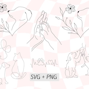 Cat Dog Owner Simple SVG, Animal Lover,  Simple Line Drawing, Drawn Cat Heart SVG PNG, Dog Floral Heart, Silhouett, Instant Digital Download