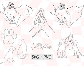 Cat Dog Owner Simple SVG, Animal Lover,  Simple Line Drawing, Drawn Cat Heart SVG PNG, Dog Floral Heart, Silhouett, Instant Digital Download