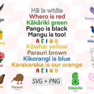 May include: A colorful chart with illustrations of New Zealand flora and fauna, including a kiwi bird, a butterfly, a flower, and a fern. The chart also includes the Māori names and colors of each item. The text on the chart reads: "Mã is white, Whero is red, Kākāriki green, Pango is black, Mangu is too! A E I O U Kōwhai yellow, Parauri brown, Kikorangi is blue, Karakaraka is our orange A E I O U SVG + PNG Waiporoporo Purple Kikorangi Blue Mã White Kākāriki Green Māwhero Pink"