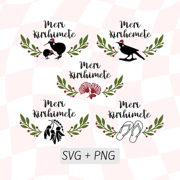 Meri Kirihemete SVG PNG, New Zealand Christmas Card Digital Download, Kiwi Christmas Wreath, Christmas Tui, Christmas Kiwi, Native Nz Birds