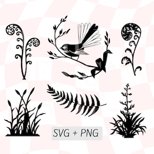 Fauna Svg da Nova Zelândia, Fantail no galho PNG, silhueta de planta de lagoa, plantas da Nova Zelândia, arbusto de linho, maori, natureza, contorno simples de samambaia