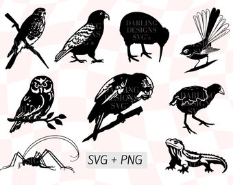 NZ Birds SVG Bundle, Nz Native Birds Svg, New Zealand Wildlife, Nz Nature, Ruru, Weta, Tuatara, Kiwi, Kakapo, Kiwiana PNG, Nz Clipart