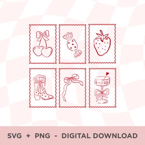 Puede incluir: Ilustraciones en línea roja de cerezas, caramelos, una fresa, una bota de vaquero, un lazo y un tambor con una flecha con punta de corazón, cada una dentro de un marco festoneado. El texto "SVG + PNG - DIGITAL DOWNLOAD" está en la parte inferior.