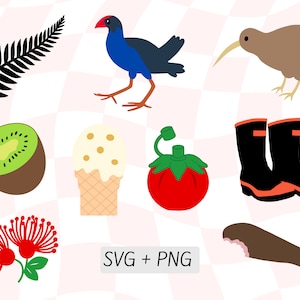 Pacchetto Kiwiana della Nuova Zelanda, Icone NZ SVG PNG, Stivali di gomma Red Band, Pohutukawa, Hokey Pokey, Pesce cioccolato, Kiwi, Pukeko, Felce, Kiwi