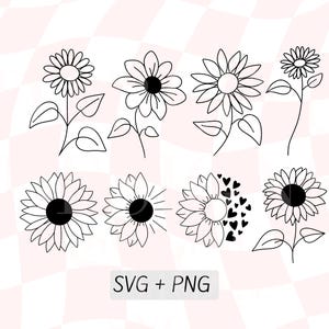 Bundle SVG tournesol, Pack PNG tournesol, dessins simples de tournesol, clipart tournesol dessiné, fleur SVG, coeurs de tournesol, vecteur, téléchargement