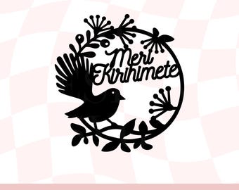 Meri Kirihemete Ornament SVG, Nieuw-Zeelandse kerstkaart digitale download, Kiwi-kerstkrans, Pauwstaartsilhouet, inheemse Nz-vogels