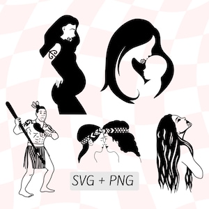 Māori Svg Bundle, Māori Moko SVG, Whanau Vector Art, Kiwiana, New Zealand Clipart, Nz Māori Symbol, Wahine, Pregnant Maori Mum Outline