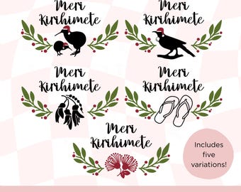 Meri Kirihemete SVG PNG, Nieuw-Zeelandse kerstkaart digitale download, Kiwi-kerstkrans, kerst Tui, kerstkiwi, inheemse Nz-vogels