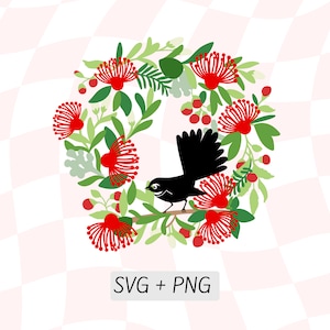 Pōhutukawa Ghirlanda di Natale con fiocco SVG, Nuova Zelanda Natale SVG, Fiore nativo NZ PNG, Kiwi Xmas Clipart, Colored Bird Wreath Svg