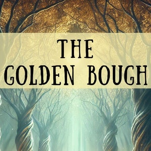 May include: A book cover with the title "THE GOLDEN BOUGH" in black text on a yellow background. The author, "James George Frazer", is written in black text on a yellow background at the bottom of the cover. The image shows a stone altar in a forest with glowing lights.
