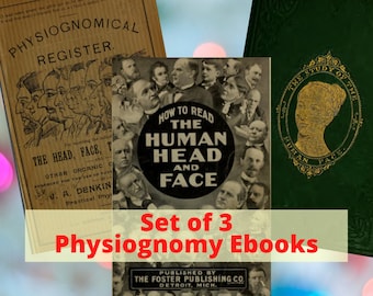 May include: A set of three vintage physiognomy ebooks. Titles include "Physiognomical Register", "How to Read the Human Head and Face", and "The Study of the Human Face". The covers display illustrations and text.