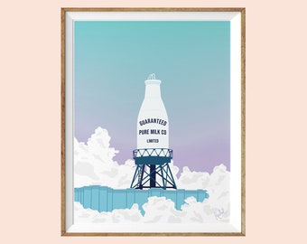 Illustration - Rachel handmade Goods - Montreal - Canada - Milk Bottle - pastel - mtl - architecture - 11"x8.5"/ Letter