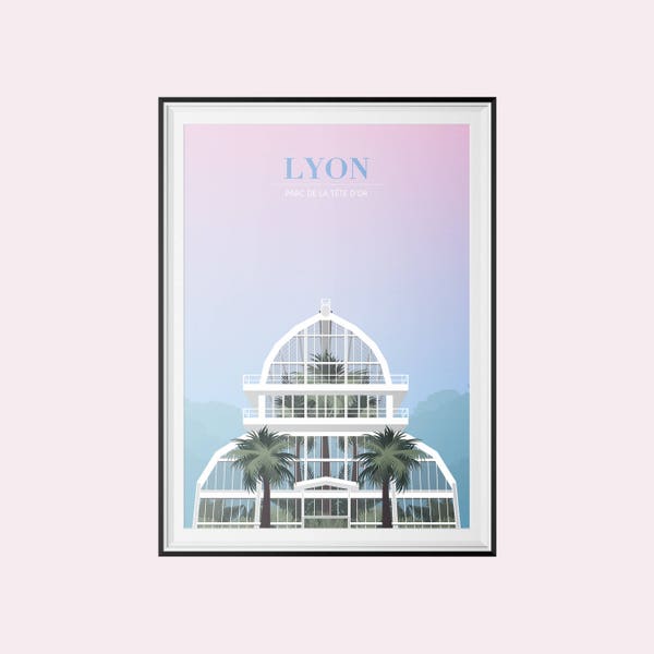 Poster / Affiche A3 - Ville LYON - Illustration vectorielle - RISOGRAPHIE - Parc de la tête d'or - architecture - minimalisme