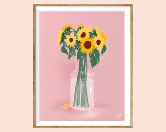 Illustration - Rachel handmade Goods - vase - sunflower - flowers - 11"x8.5"/ Letter