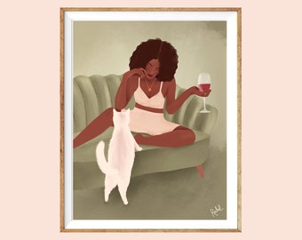 Illustration - Rachel handmade Goods - Woman - cat - wine -11"x8.5"/ Letter