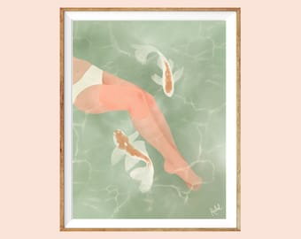 Illustration - Rachel handmade Goods - Woman - koi carp - water - 11"x8.5"/ Letter