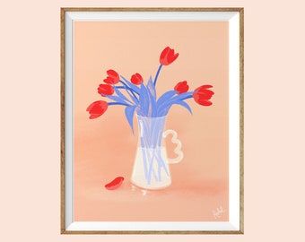 Illustration - Rachel handmade Goods - vase - tulip - flowers - 11"x8.5"/ Letter