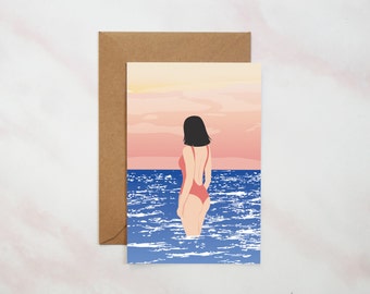 Postcard - Vector illustration - swimsuit woman - pastel - woman - sexy - ocean - girl - post card