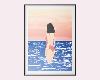 Poster / Poster A3 - Vector illustration - RISOGRAPHY - Horizon - ocean, woman & body - woman, sexy, ocean, sunset - pastel