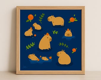 Cute Capybaras Giclee Art Print, 8x8, Wall Decor, Animal Art, Blue