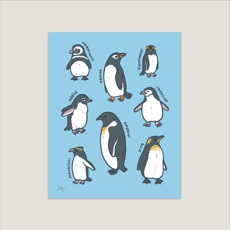May include: A light blue print featuring illustrations of various penguin species, including Ad&eacute;lie, Emperor, and King penguins. Each penguin is labeled with its name in a playful, cartoon style. The artwork is set against a light blue background.