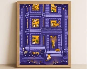 Cute Cats in a Greystone Building Giclee Art Print, 8x10, Wall Decor, Cozy Illustration