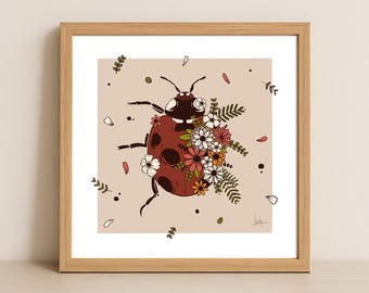 Floral Ladybug Giclee Art Print, 8x8, Wall Decor, Insect Art, Beige