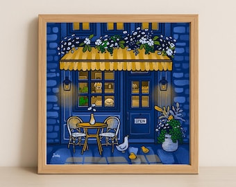 Late Night Cafe with Little Ducks Giclee Art Print, Cozy Cafe Scene, 8x8