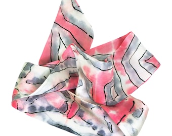 Écharpe fine en soie abstraite/écharpe peinte à la main/écharpe de sac à main/attache sac à main/ruban pour chapeau/bracelet en soie/attache cheveux/écharpe/motif persan/teint à la main