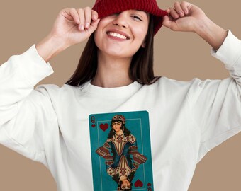 クイーン スウェットシャツ、ビビ ユニセックス スウェットシャツ、クルーネック、男性へのギフト、女性へのギフト、ペルシャ デザイン、カナダ製、ハート、トランプ