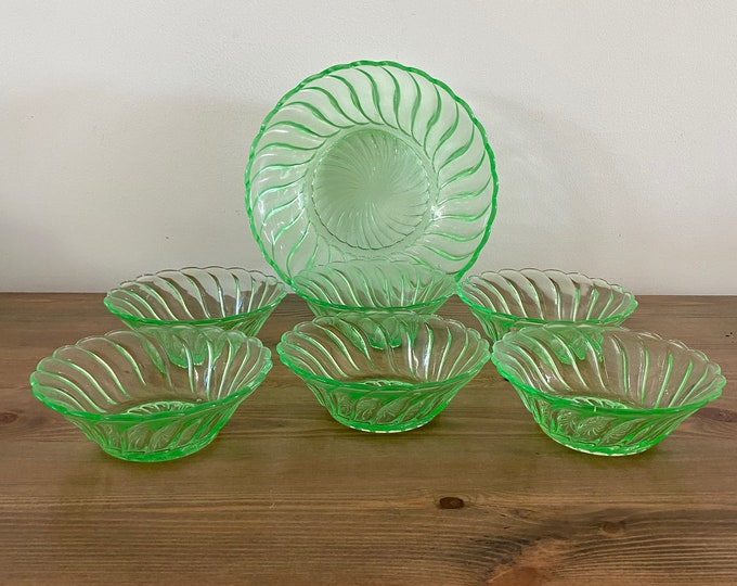 Vintage Set of Uranium Glass Bowls Six Dessert Bowls and One Serving
