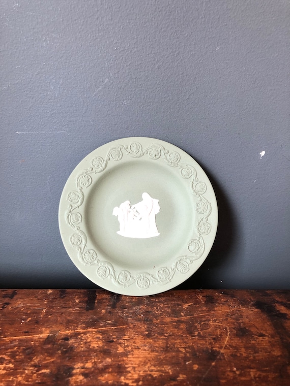 Vintage Sage Green Jasperware Round Trinket Dish … - image 1