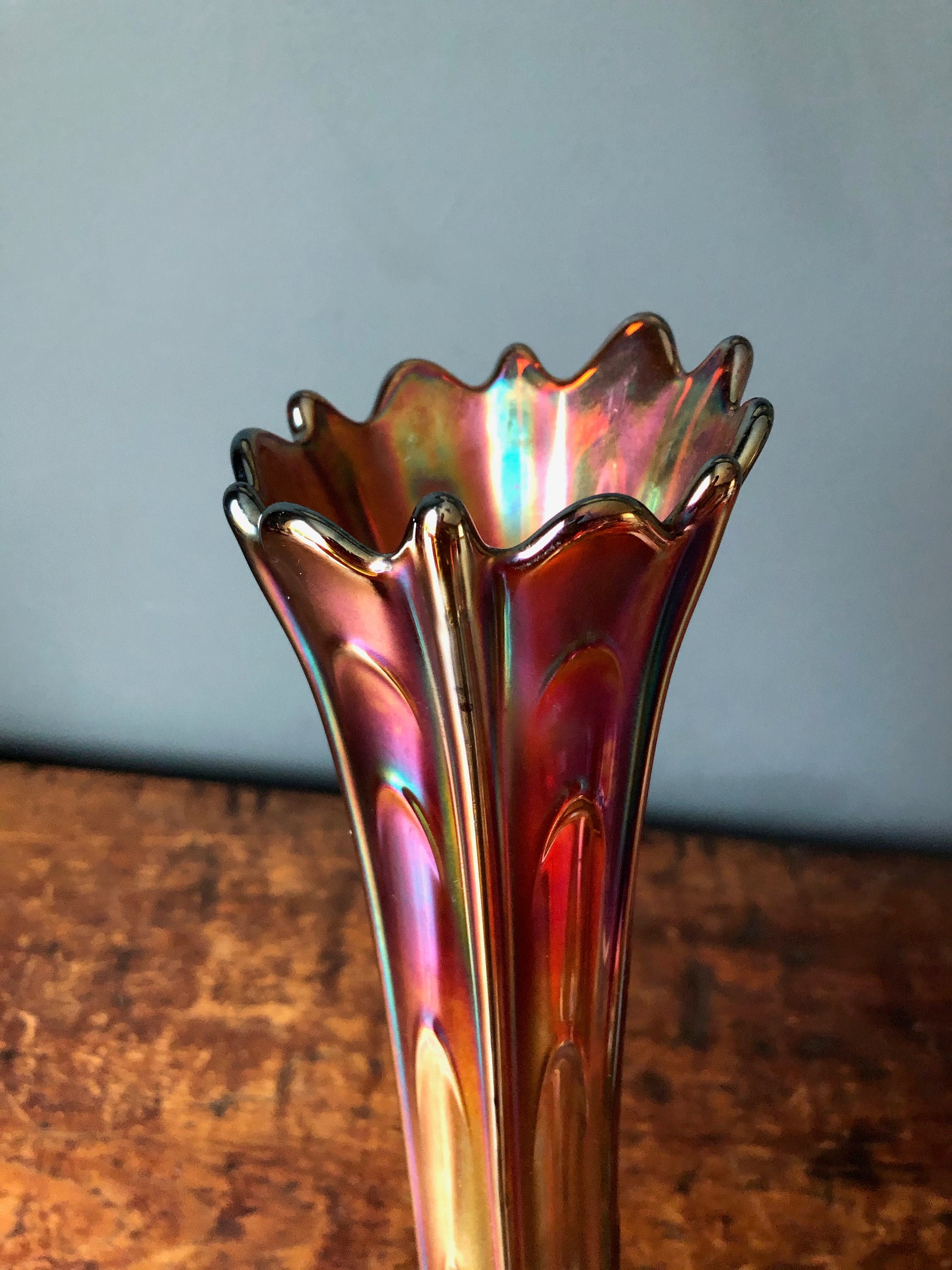 Stunning Carnival Glass Fluted Vase Orange Red Green Etsy