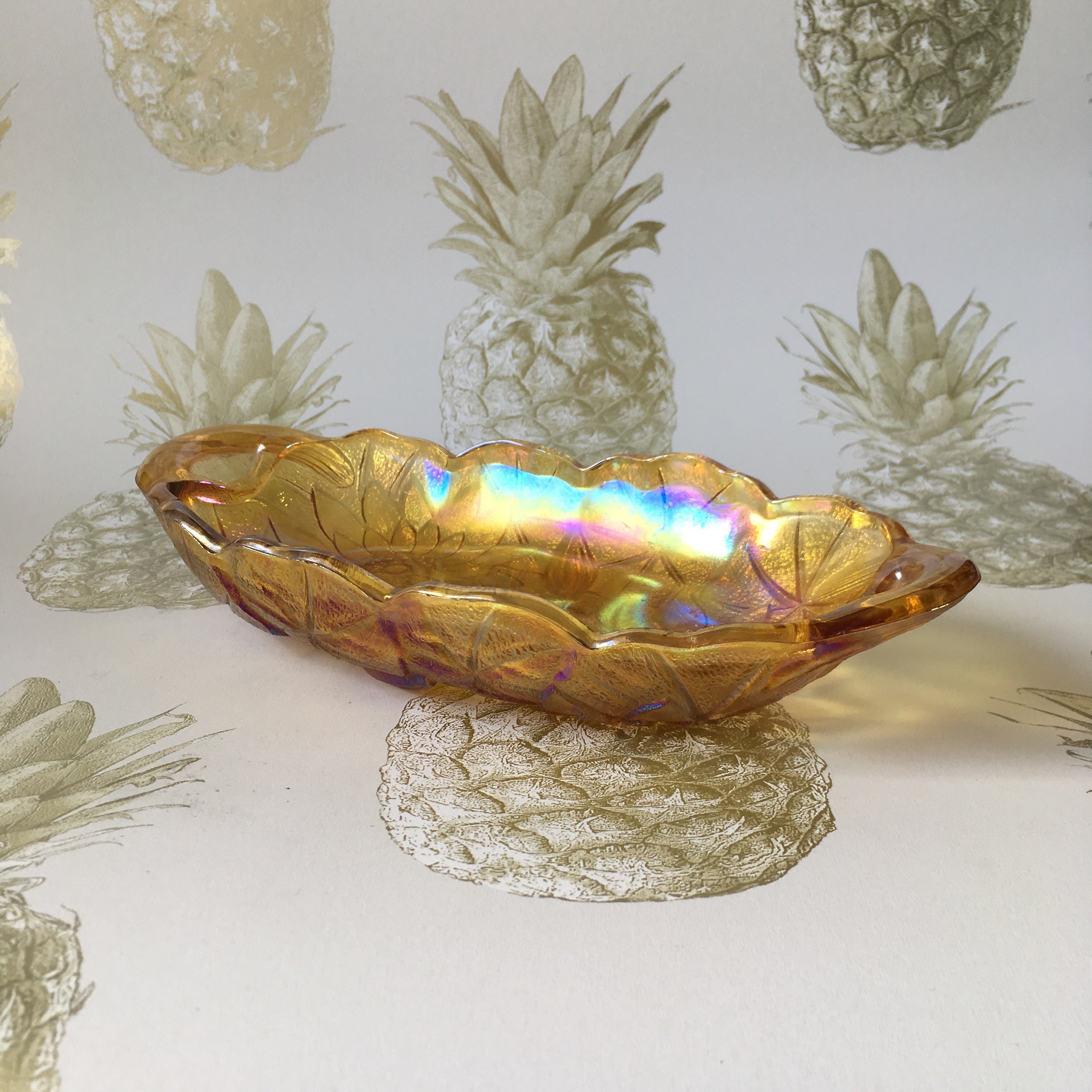 Yellow Carnival Glass Oval Serving Dish Iridescent Glass Candy Etsy