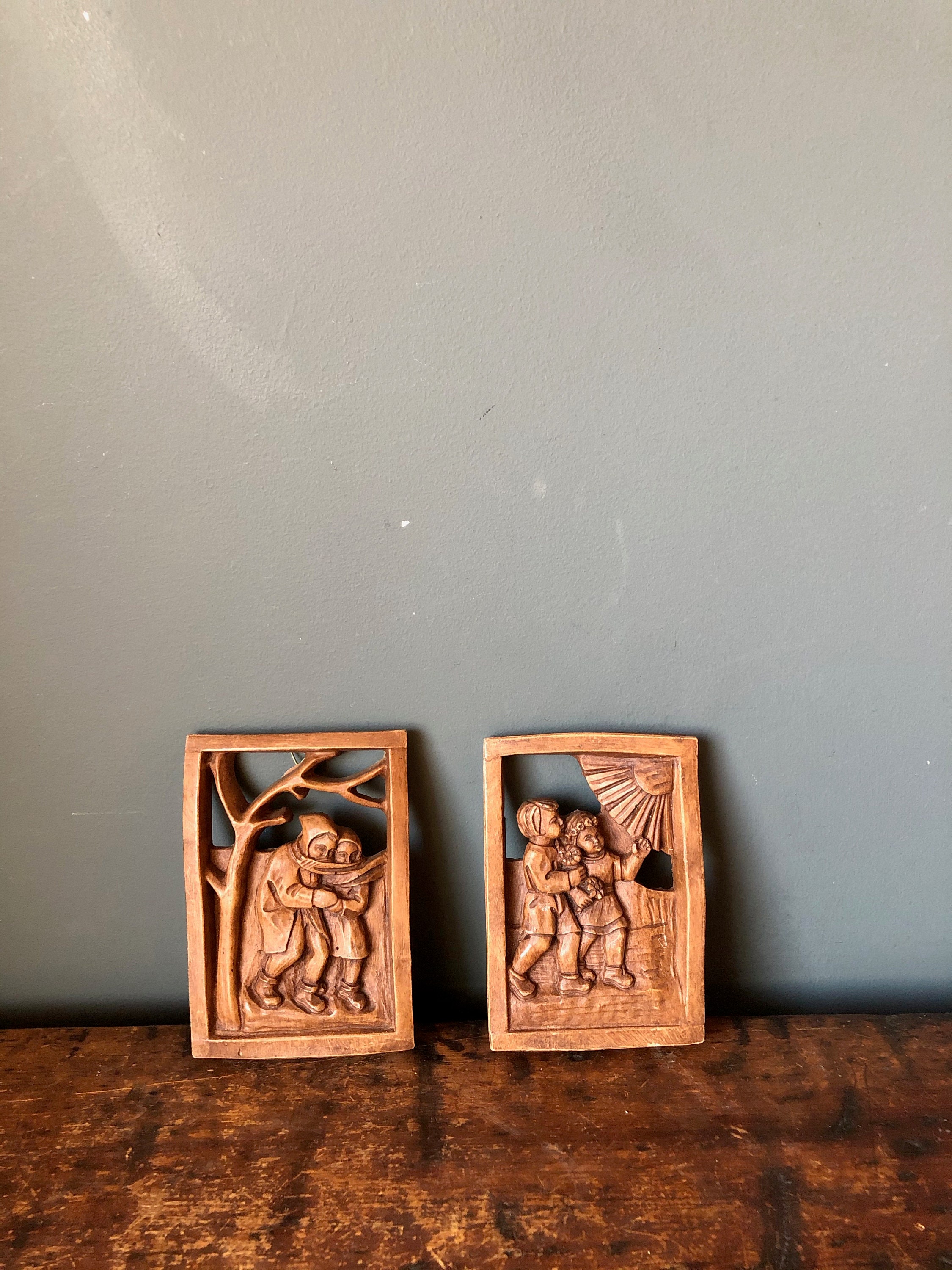 Unusual Pair Of Vintage Pottery Wall Plaques Children in Seasons Winter Summer Decor