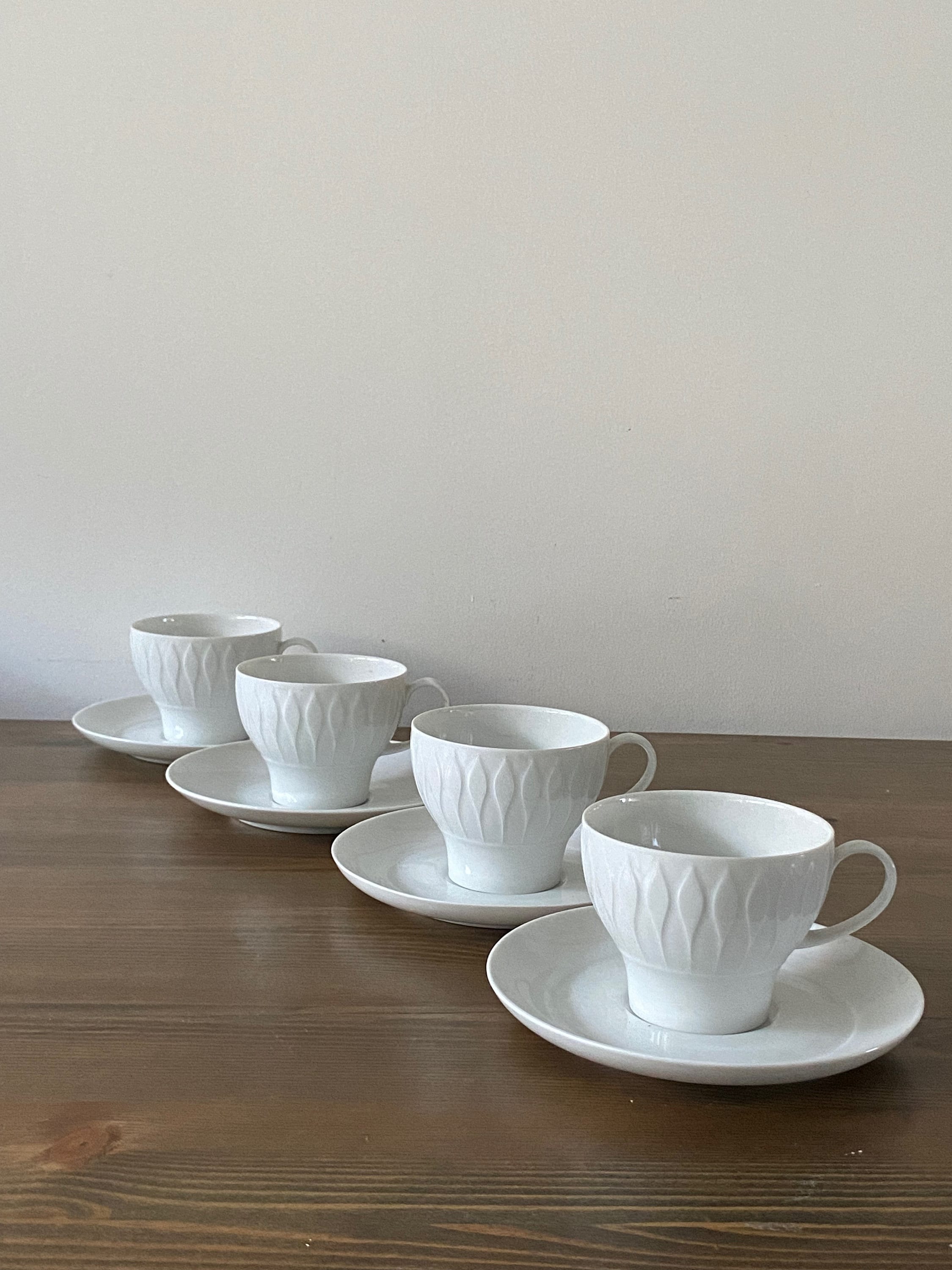 Vintage Set Four White Thomas Lanzette Tea Cups and Saucers -