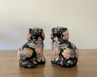 Pair of Small Mantle Wally Dogs Black with Flower Decoration Unusual Pretty Ornamental Ceramic Spaniels