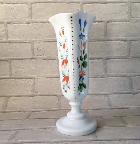 White Glass Hand Painted Tall Slim Necked Vase Etsy