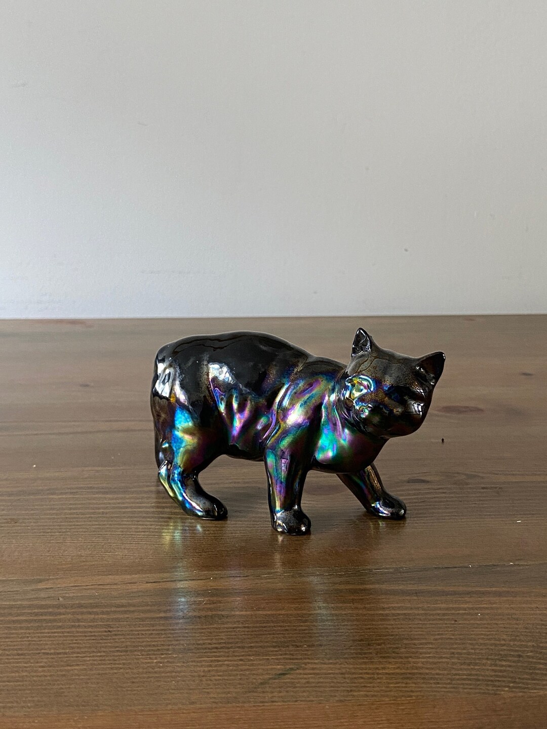 Ceramic Black Cat Figurine Iridescent Glazed Cat Ornament Etsy