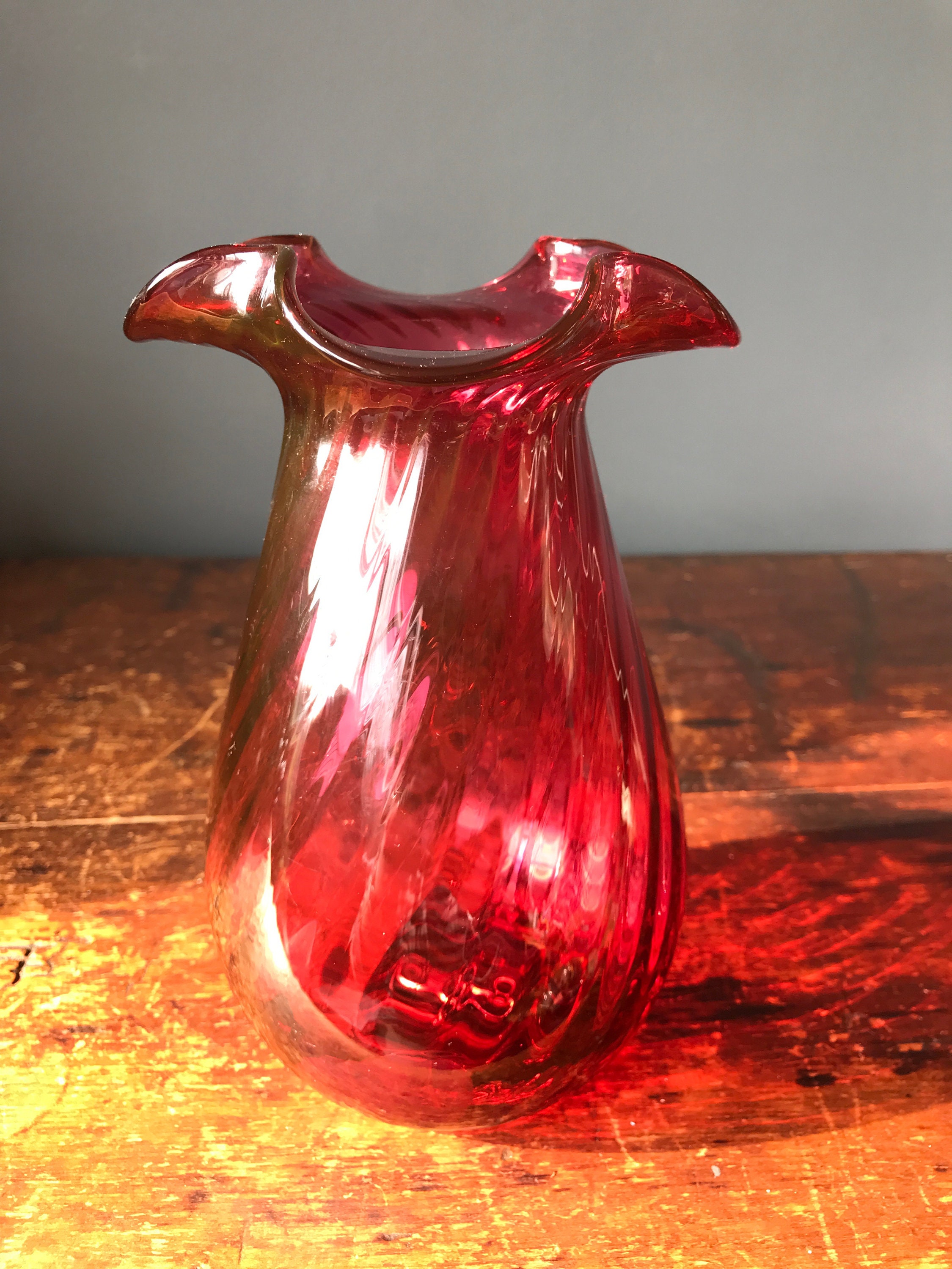 Vintage Cranberry Glass Vase With Fluted Rim Etsy UK