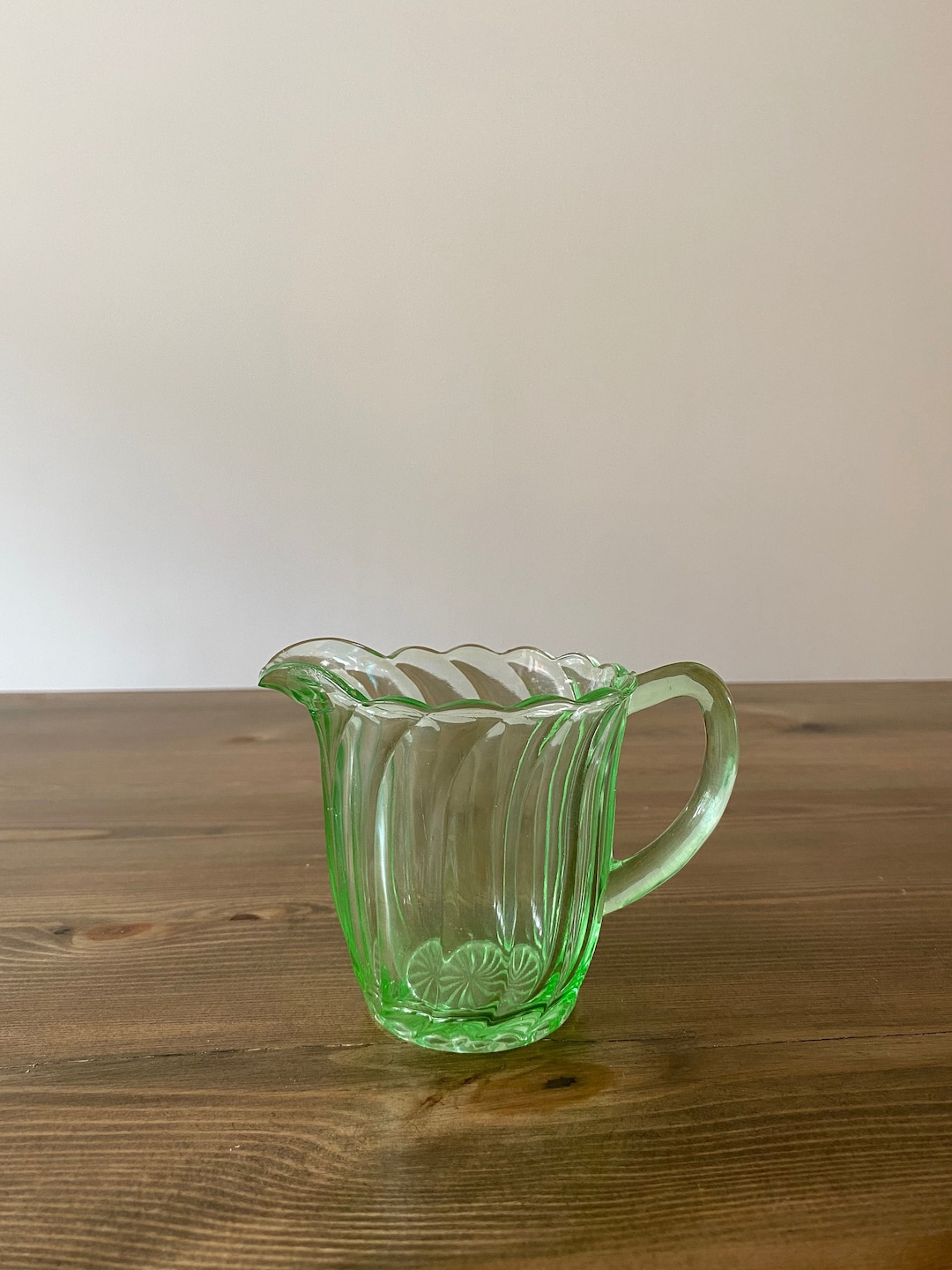 Vintage Small Uranium Glass Jug Creamer Pitcher Elegant Tested Green