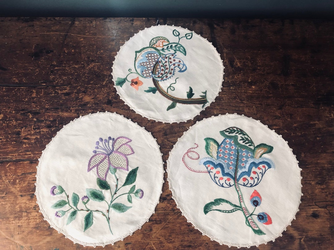 Hand Embroidered Vintage Dressing Table Place Mats Set of Three Pretty