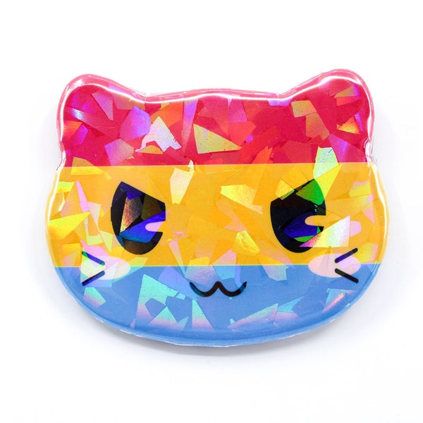 Pansexual Pride Cat Button Kitty Pan Flag Pinback Badge | 2.25x1.5 inches | Holographic Rainbow Glitter