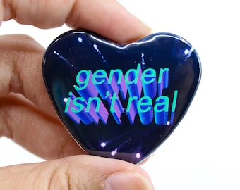 Gender Isn't Real Mini Heart Button | 1.5x1.75 Inches | LGBT+ agender nonbinary genderfluid social construct nb enby | Pride