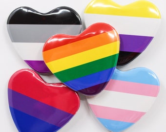 Custom Pride Flag Heart Button Pin | Mini LGBT Any Holographic 1.5x1.75 Inches | Pinback Pin Badge Gay Bi Ace Pan Nonbinary Trans