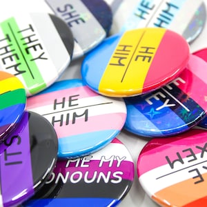 Custom Pronouns Pride Flag Button Pin | she/her he/him they/them ask me about my pronouns | holographic 1.5” Pinback badge Neopronouns